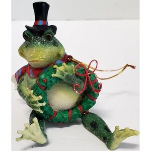 Frog Ornament Christmas Articulating Legs Wearing Top Hat Scarf Carrying Wreath